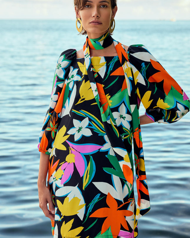 Joseph Ribkoff long-sleeved satin dress, colorful floral print. Square neckline, puff sleeves. Women's spring dress. Spring collection. Women's boutique. Mackinac Island