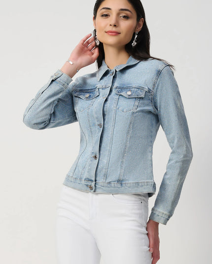 Fitted Denim Jacket With Allover Rhinestones