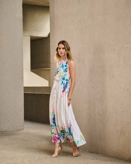 Pleated Satin Floral Print Maxi Dress