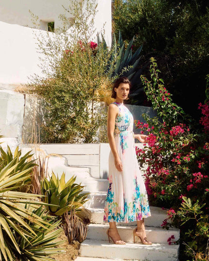 Pleated Satin Floral Print Maxi Dress