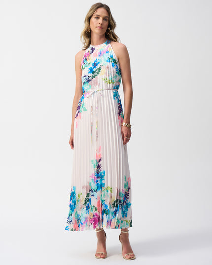 Pleated Satin Floral Print Maxi Dress