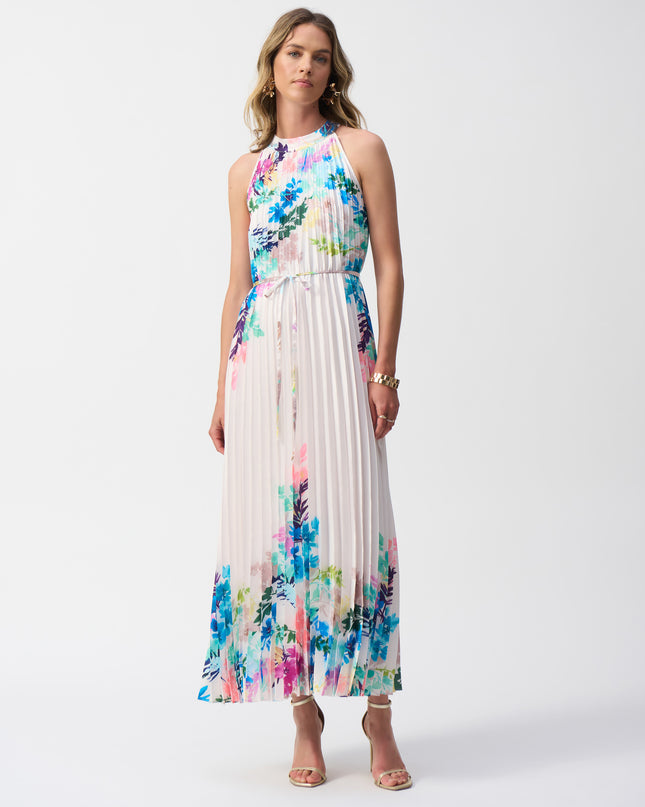 Pleated Satin Floral Print Maxi Dress