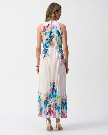 Pleated Satin Floral Print Maxi Dress