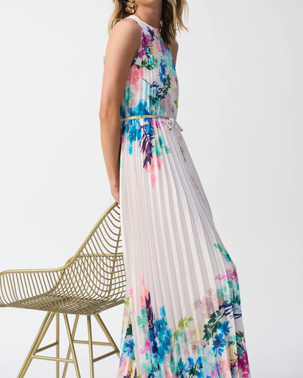 Pleated Satin Floral Print Maxi Dress