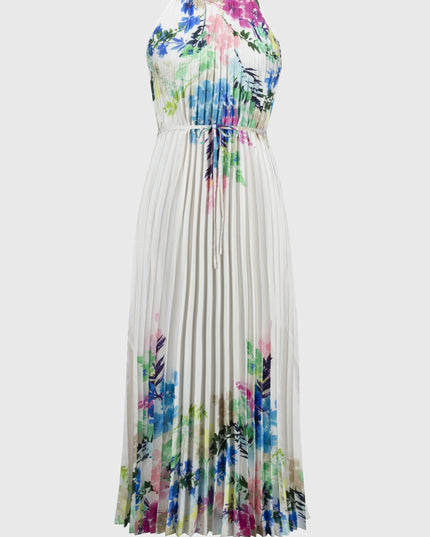 Pleated Satin Floral Print Maxi Dress