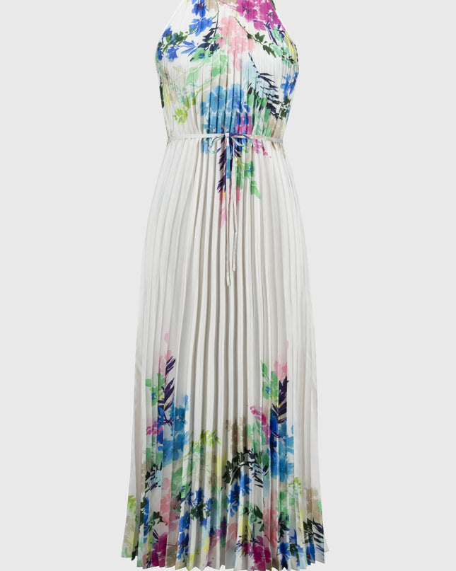 Pleated Satin Floral Print Maxi Dress