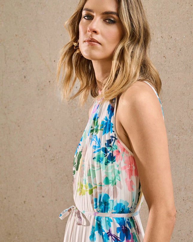 Pleated Satin Floral Print Maxi Dress