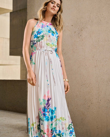 Pleated Satin Floral Print Maxi Dress