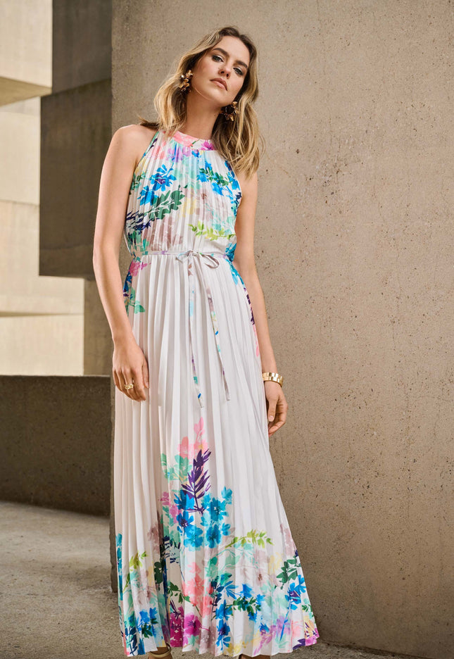 Pleated Satin Floral Print Maxi Dress