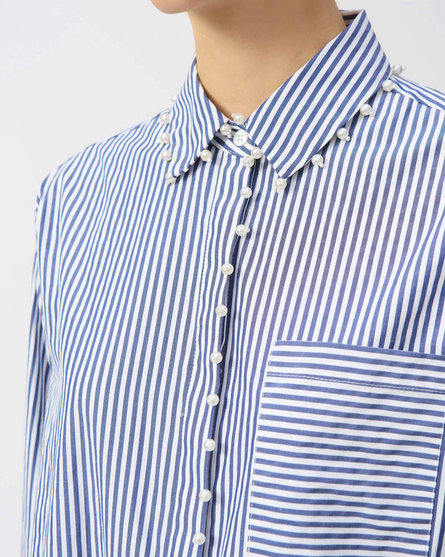 Striped Stretch Cotton Shirt with Peral Detail