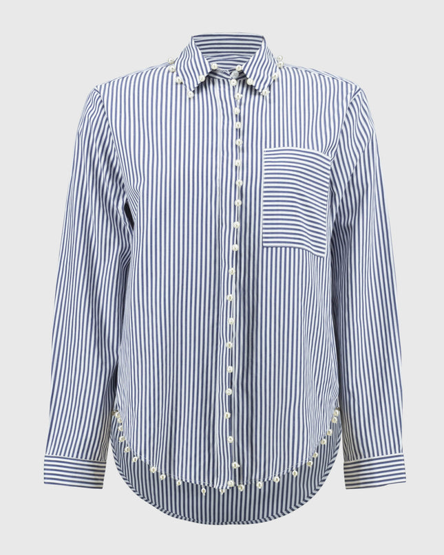 Striped Stretch Cotton Shirt with Peral Detail