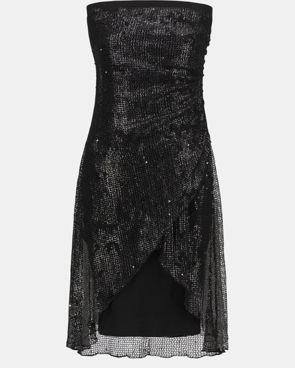 Foiled Mesh and Silky Knit Strapless Sheath Dress
