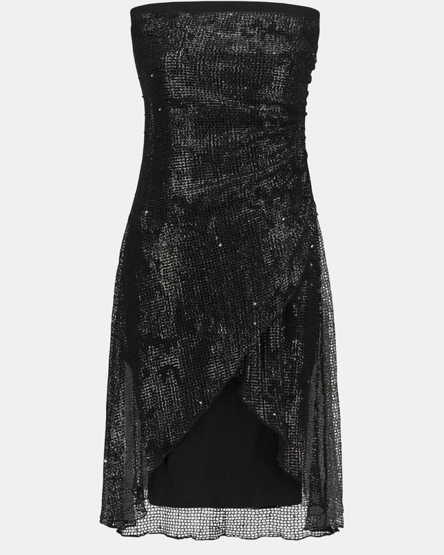 Foiled Mesh and Silky Knit Strapless Sheath Dress