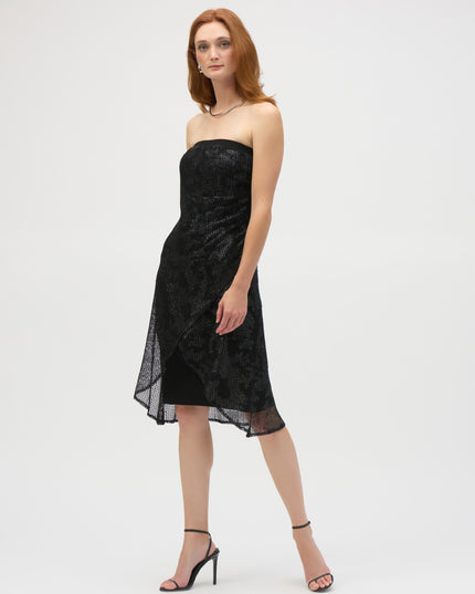 Foiled Mesh and Silky Knit Strapless Sheath Dress