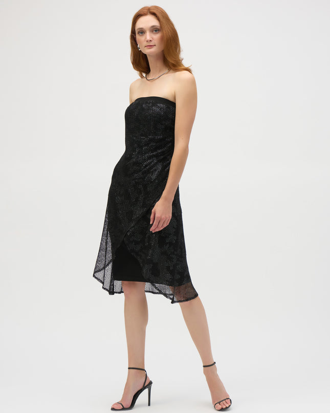 Foiled Mesh and Silky Knit Strapless Sheath Dress
