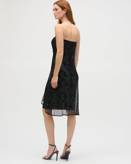 Foiled Mesh and Silky Knit Strapless Sheath Dress