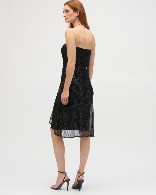 Foiled Mesh and Silky Knit Strapless Sheath Dress