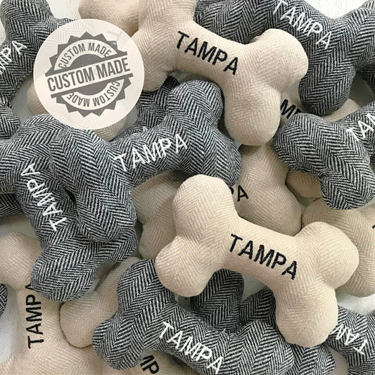 *CUSTOM EMBROIDERY* Tweed Dog Toy: Black Lettering on Cream Tweed Toy / XLarge