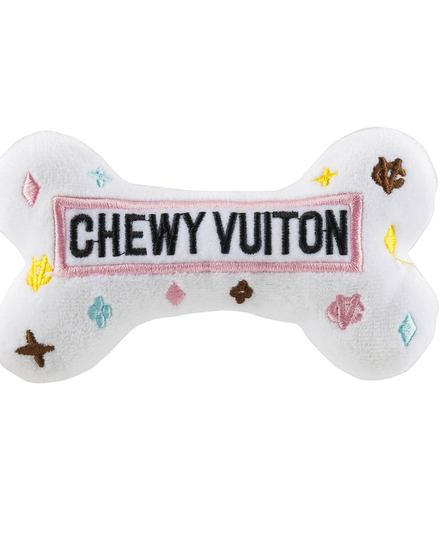 White Chewy Vuiton Bones Squeaker Dog Toy: Large