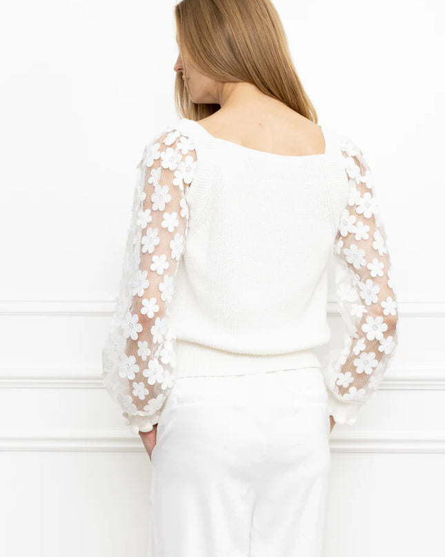 Square Neck Floral Lace Sleeve Sweater