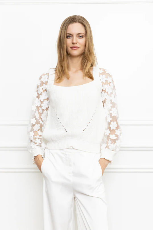 Square Neck Floral Lace Sleeve Sweater