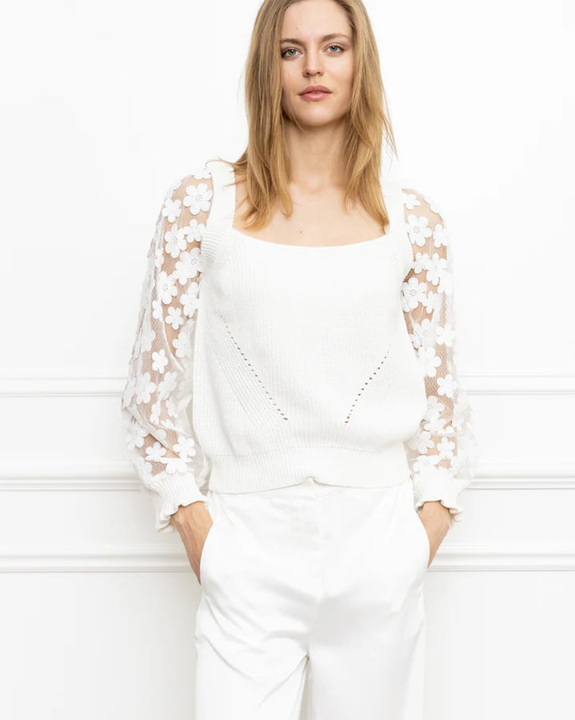 Square Neck Floral Lace Sleeve Sweater