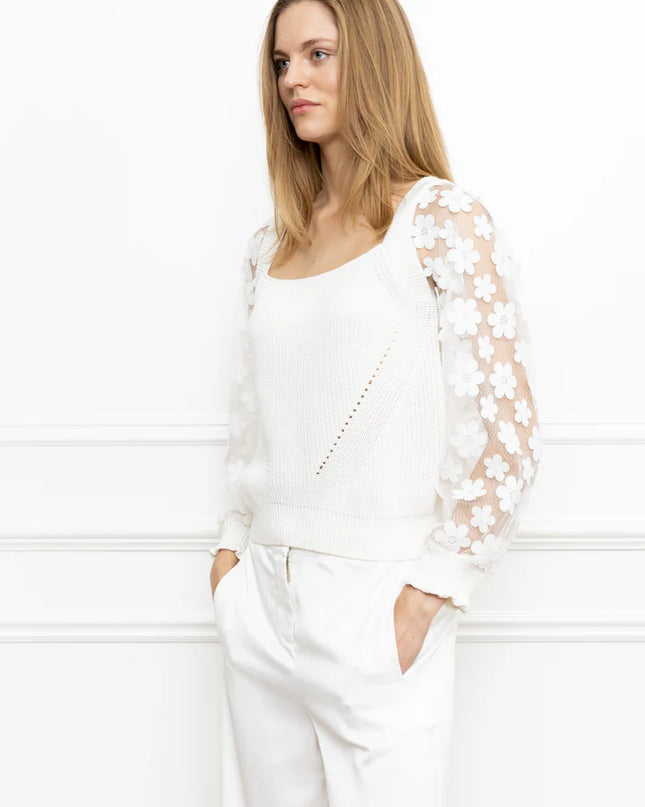 Square Neck Floral Lace Sleeve Sweater