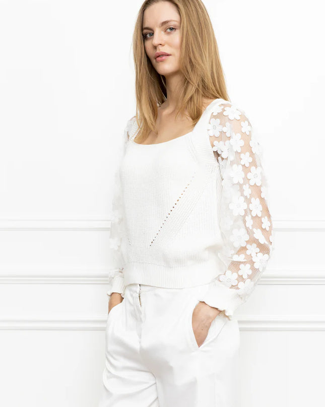 Square Neck Floral Lace Sleeve Sweater
