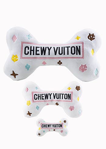White Chewy Vuiton Bones Squeaker Dog Toy: XL