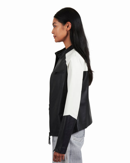 Thea Washed Leather Jacket Black/ White