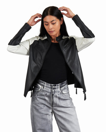 Thea Washed Leather Jacket Black/ White