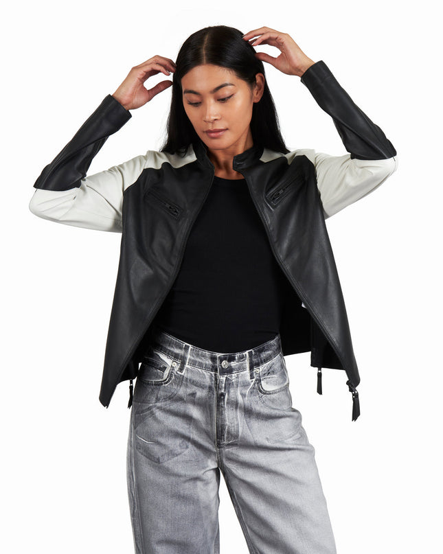 Thea Washed Leather Jacket Black/ White