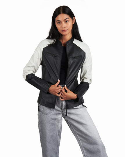 Thea Washed Leather Jacket Black/ White