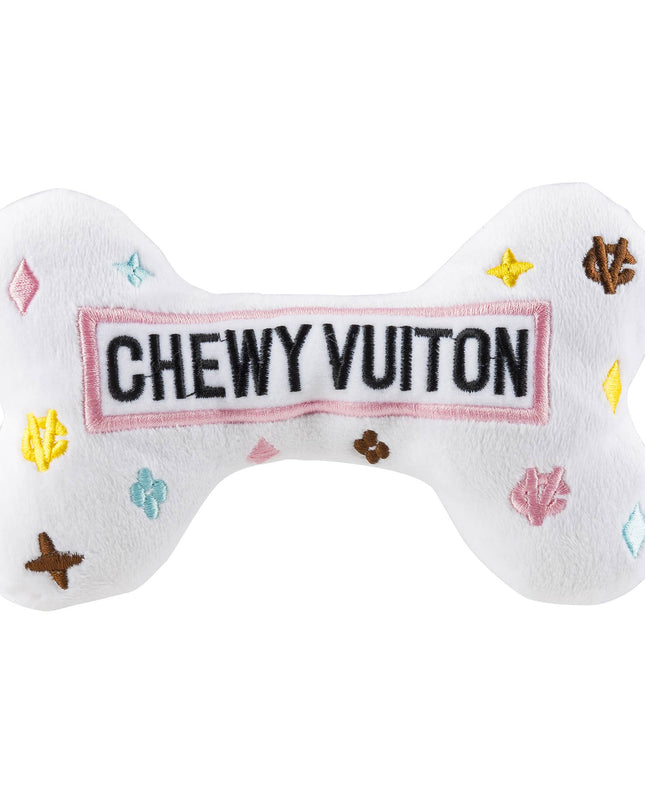 White Chewy Vuiton Bones Squeaker Dog Toy: Large