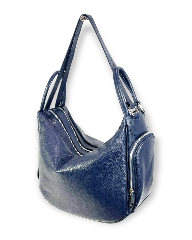 Genuine Leather Hobo Bag Convertible into Backpack: Dark blue