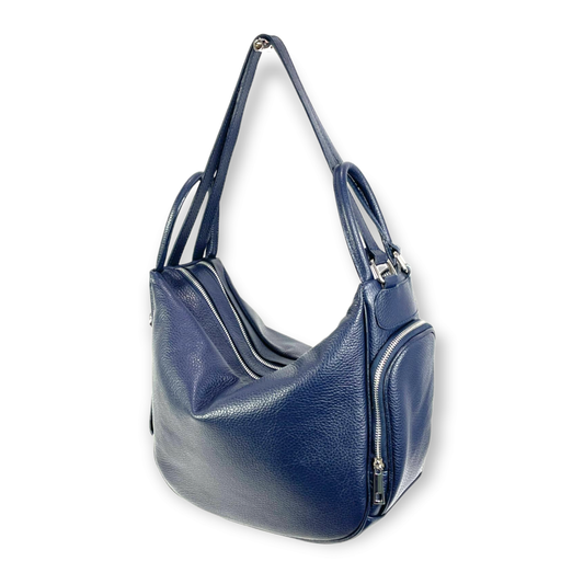 Genuine Leather Hobo Bag Convertible into Backpack: Dark blue
