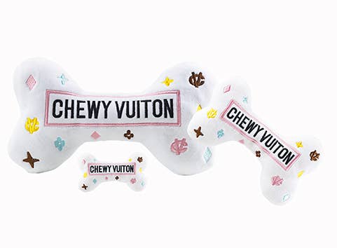 White Chewy Vuiton Bones Squeaker Dog Toy: XL