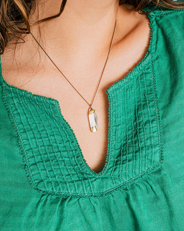 Tiny Pearl Handle Knife on Brass Chain Necklace: 20 Inch