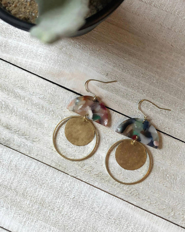 Acetate Half Moon With Hoop & Hammered Coin: Multi-coloured
