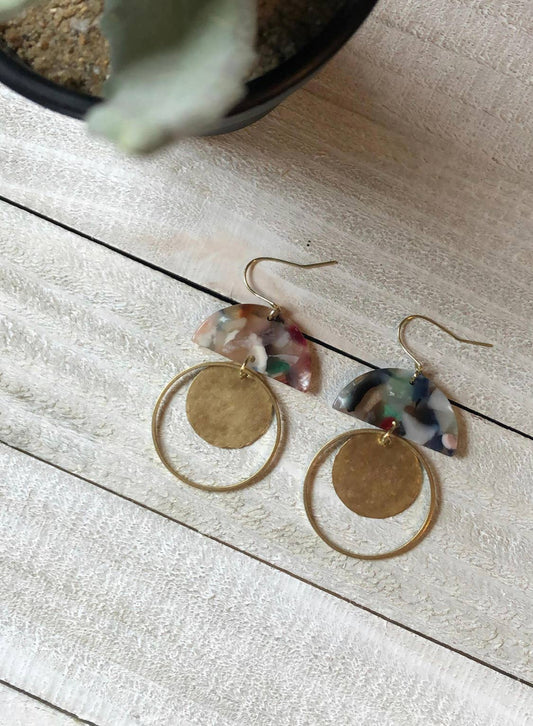 Acetate Half Moon With Hoop & Hammered Coin: Multi-coloured