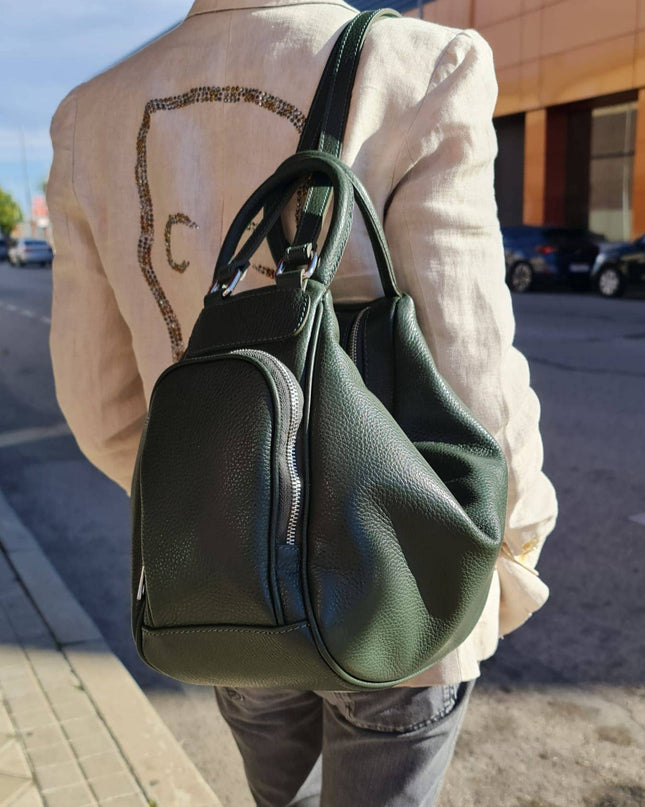 Genuine Leather Hobo Bag Convertible into Backpack: Dark blue