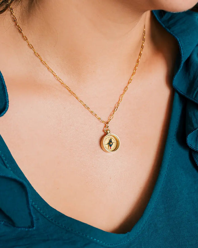 Tiny Compass On Gold Plated Chain Necklace