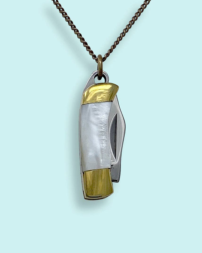 Tiny Pearl Handle Knife on Brass Chain Necklace: 20 Inch