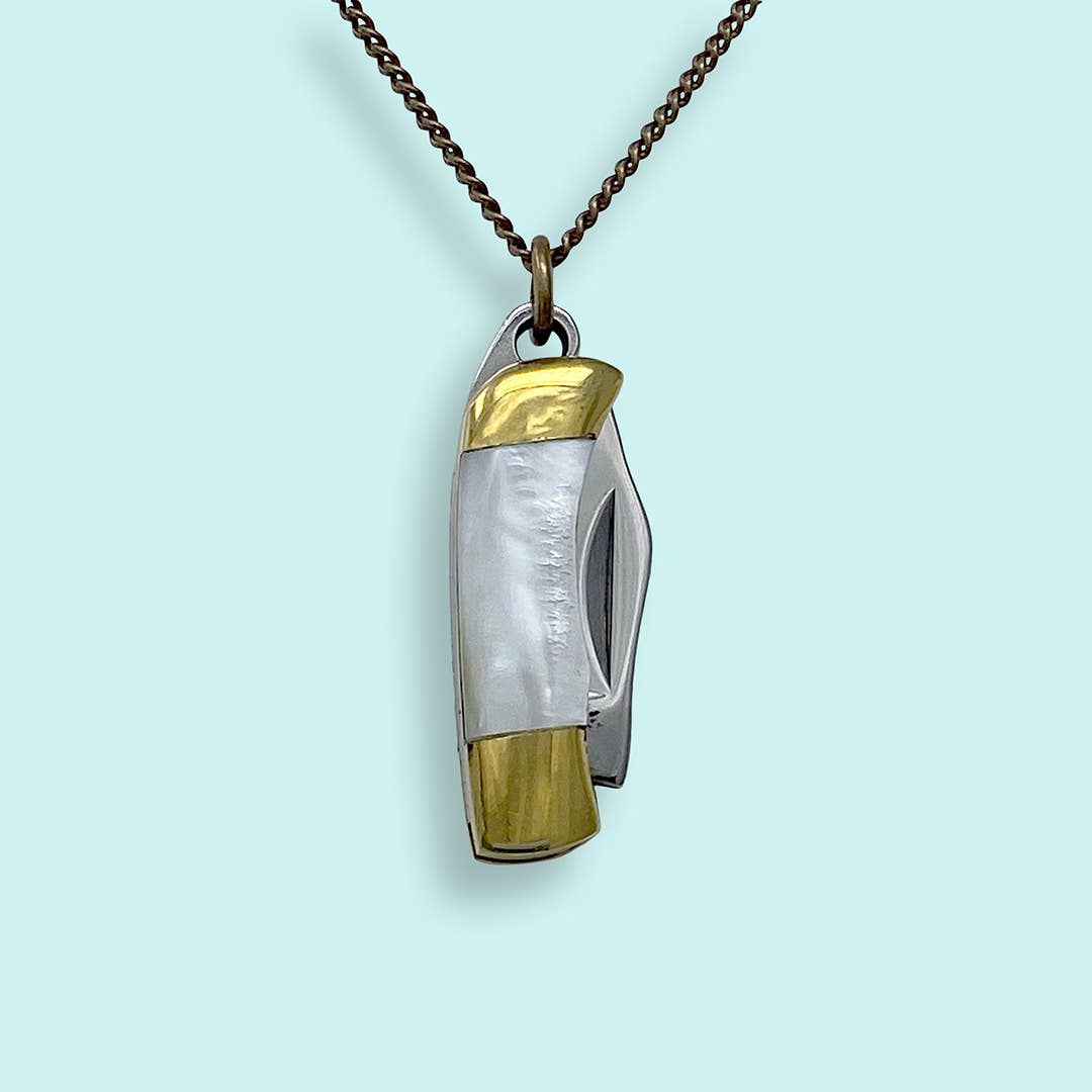 Tiny Pearl Handle Knife on Brass Chain Necklace: 20 Inch