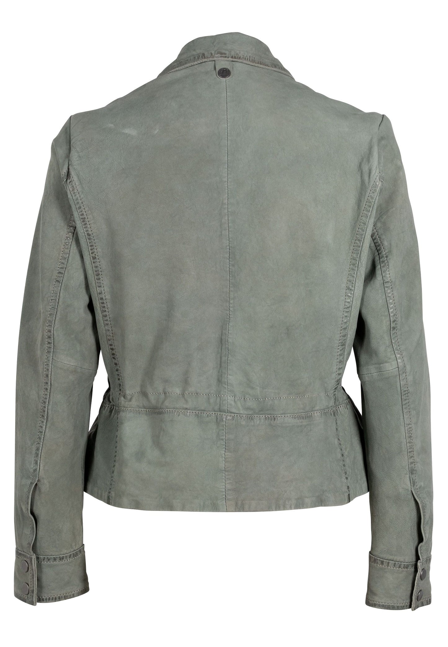 Mauritius Leather jacket. Sage green women's leather jacket. Drawstring waist. Mackinac Island clothing store