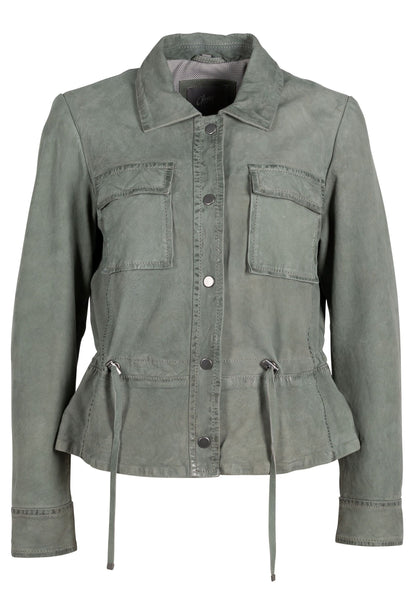 Mauritius Leather jacket. Sage green women's leather jacket. Drawstring waist. Mackinac Island clothing store