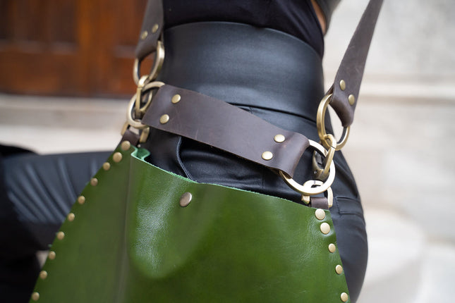 Rebellion Handbags, made in Chicago, IL. Basil green medium crossbody, napa leather, antique brass hardware, available at Rustic Chic Boutique, Mackinac Island Michigan