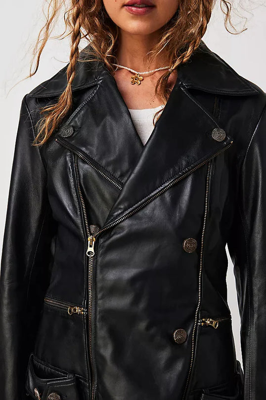 Jakett NY women's vintage leather jacket. Effortless & essential, this slightly edgy jacket features staple silhouette & stunning leather. Classic fit with gold finishings & zip closure. Available at Rustic Chic Boutique Mackinac Island, Michigan.