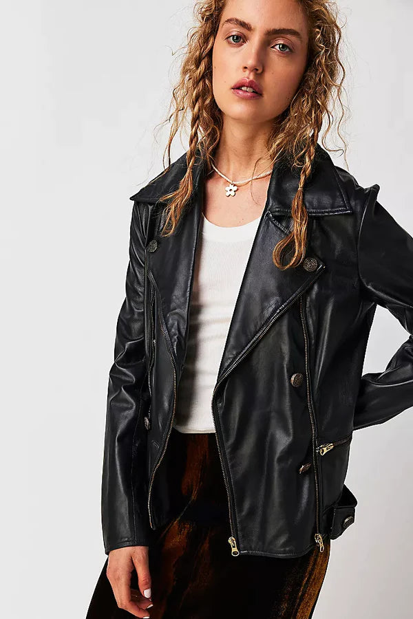 Jakett NY women's vintage leather jacket. Effortless & essential, this slightly edgy jacket features staple silhouette & stunning leather. Classic fit with gold finishings & zip closure. Available at Rustic Chic Boutique Mackinac Island, Michigan.