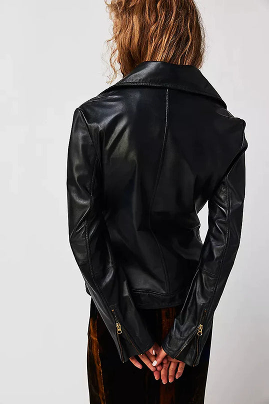 Jakett NY women's vintage leather jacket. Effortless & essential, this slightly edgy jacket features staple silhouette & stunning leather. Classic fit with gold finishings & zip closure. Available at Rustic Chic Boutique Mackinac Island, Michigan.